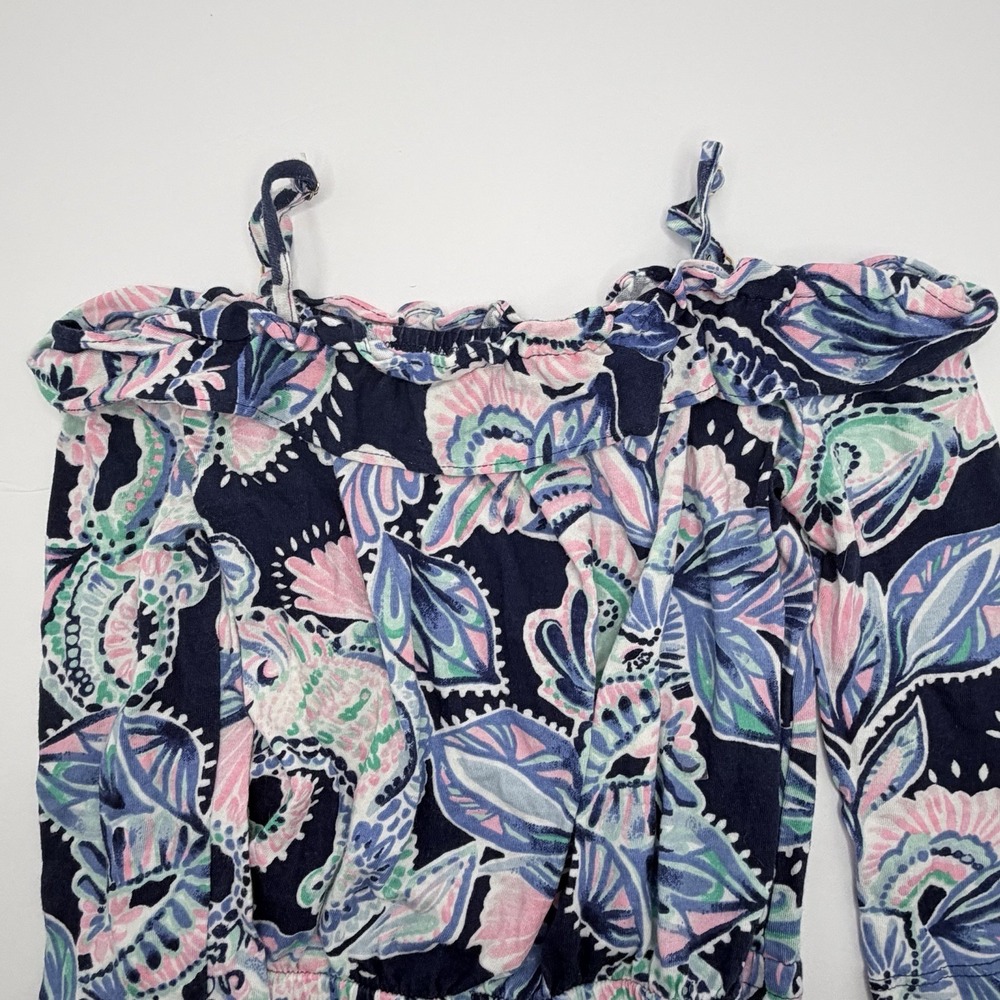Lilly Pulitzer Girls Ruffle Romper Pink Blue Floral Size S 4/5 Holy Flockamolie - Picture 12 of 12
